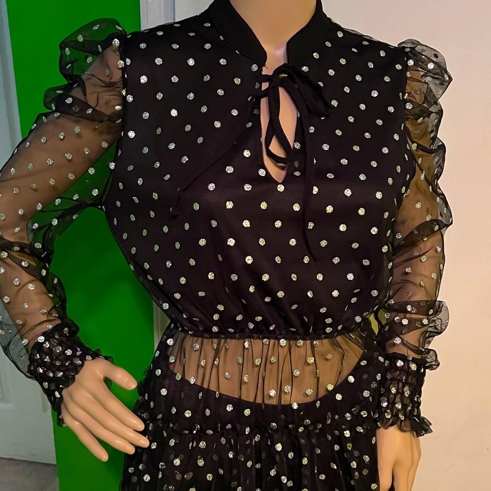 NWT $150 Vanessa Scott | Sheer | Peplum | Polka Dot Blouse